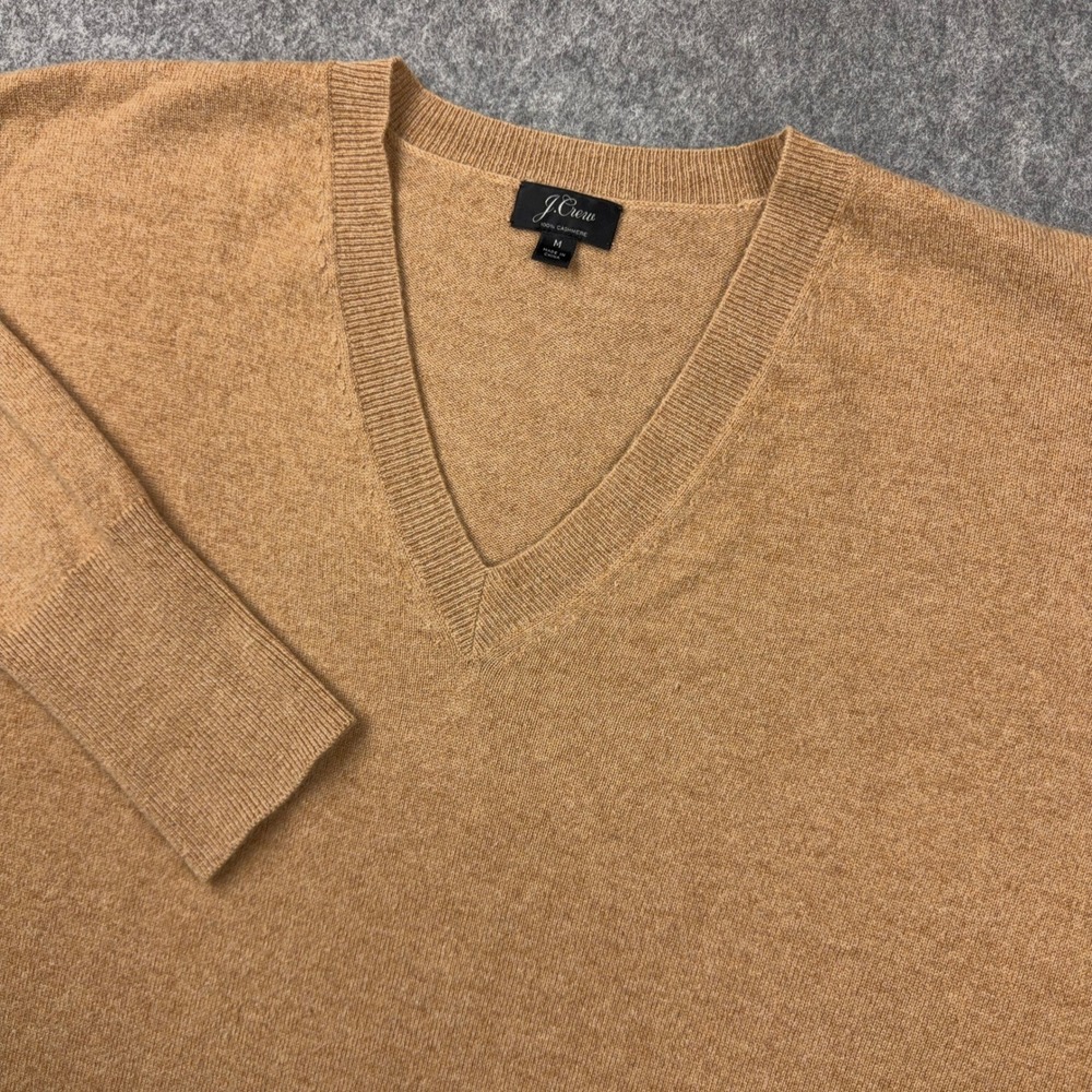 J Crew Sweater Womens Medium Tan Camel 100% Cashmere V-Neck Oversized Pullover